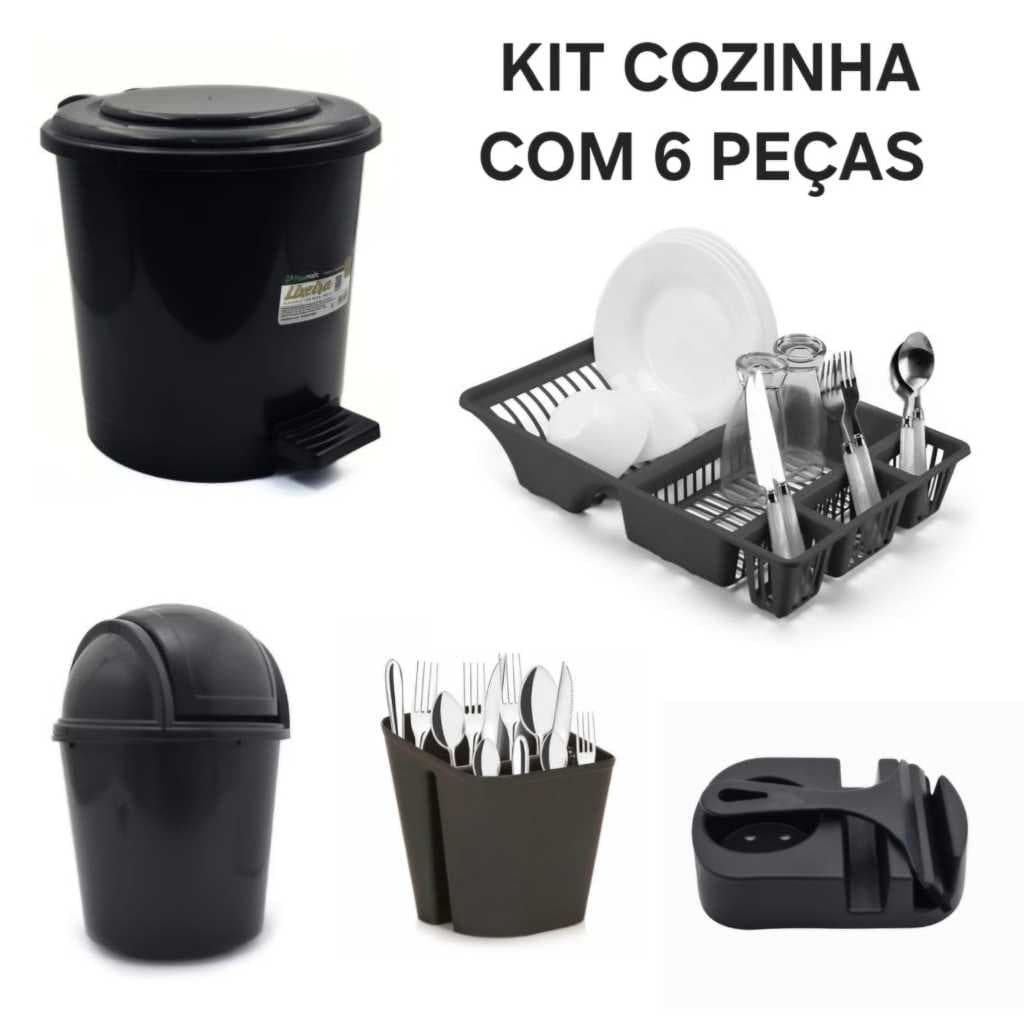 Kit Cozinha 6 Pecas Escorredor Talher +Lixeira Pia + Porta Detergente  + Rodinho +  + Escorredor Louça + Lixeira 7,5 Lts