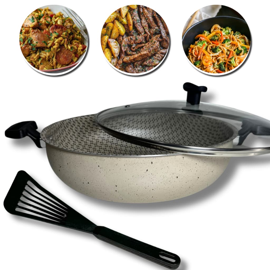 Frigideira WOK Tacho  Antiaderente + Tampa de Vidro 30 cm