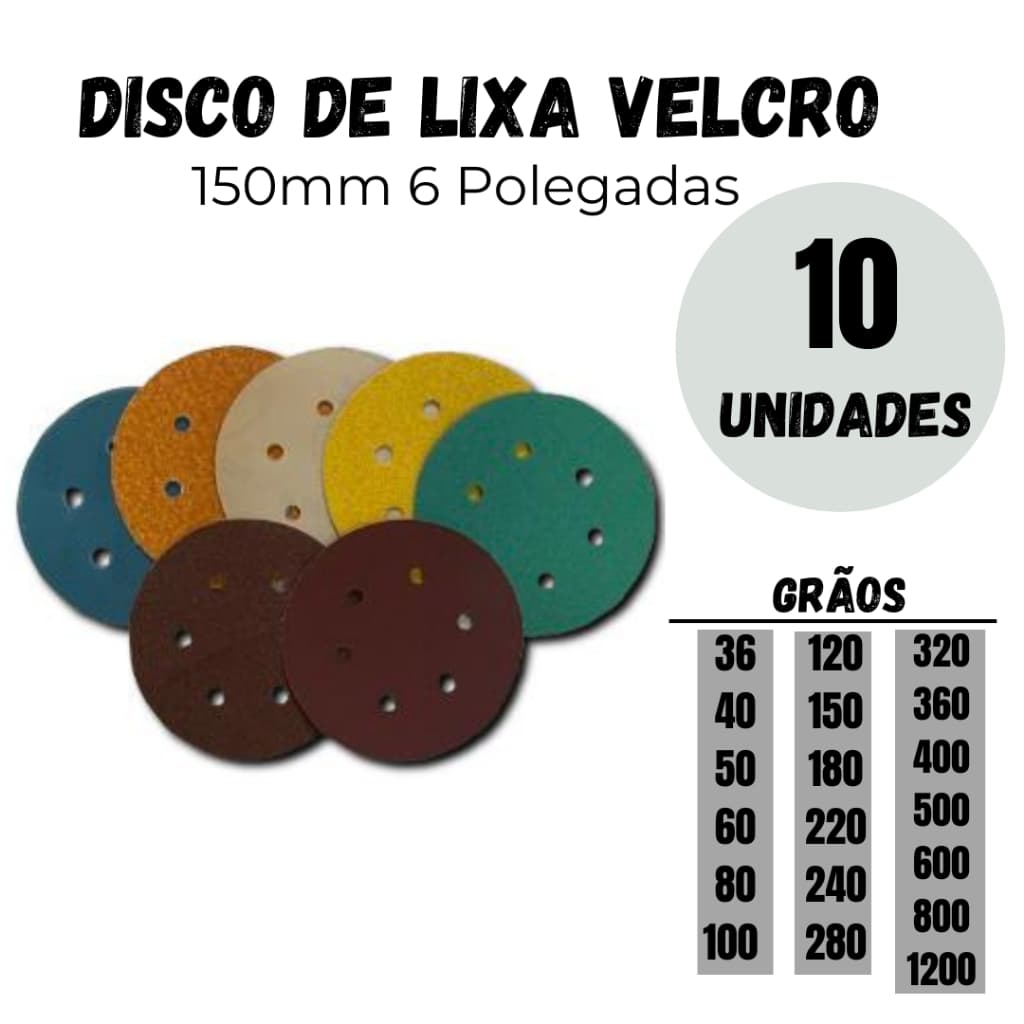 Kit 10 Discos Lixa Velcro 150mm 6 Furos Lixadeira Roto Orbital para Ferro Metal Madeira e Massa