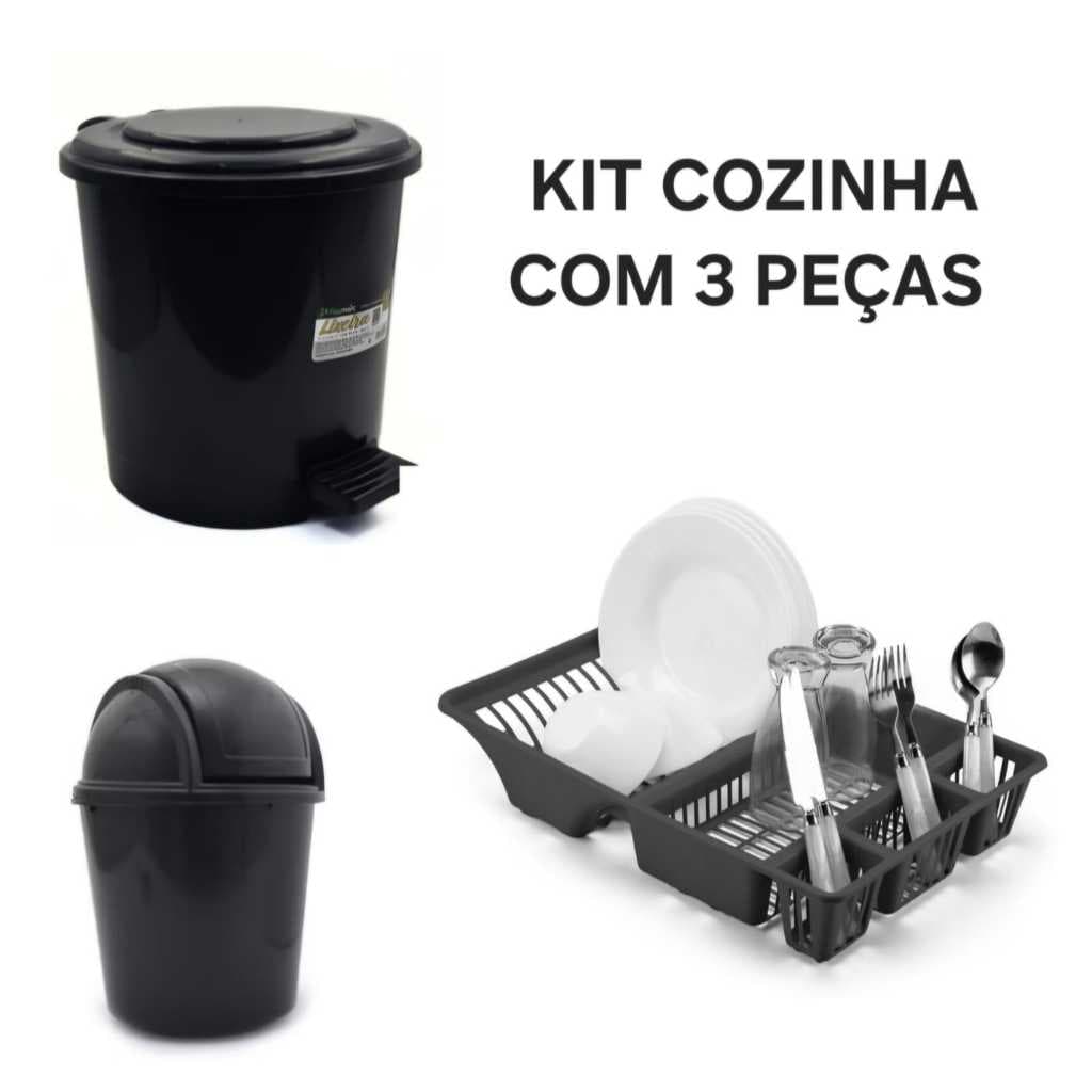 Kit Cozinha 3 Pecas Escorredor de Louças +  Lixeira Pia 2,4 Litros  Basculante  + Lixeira 7,5 Litros  Redonda Pratica