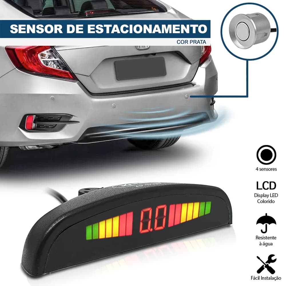 Kit Sensor de Ré para Carro com 4 Sensores - Cores Preto, Prata e Branco