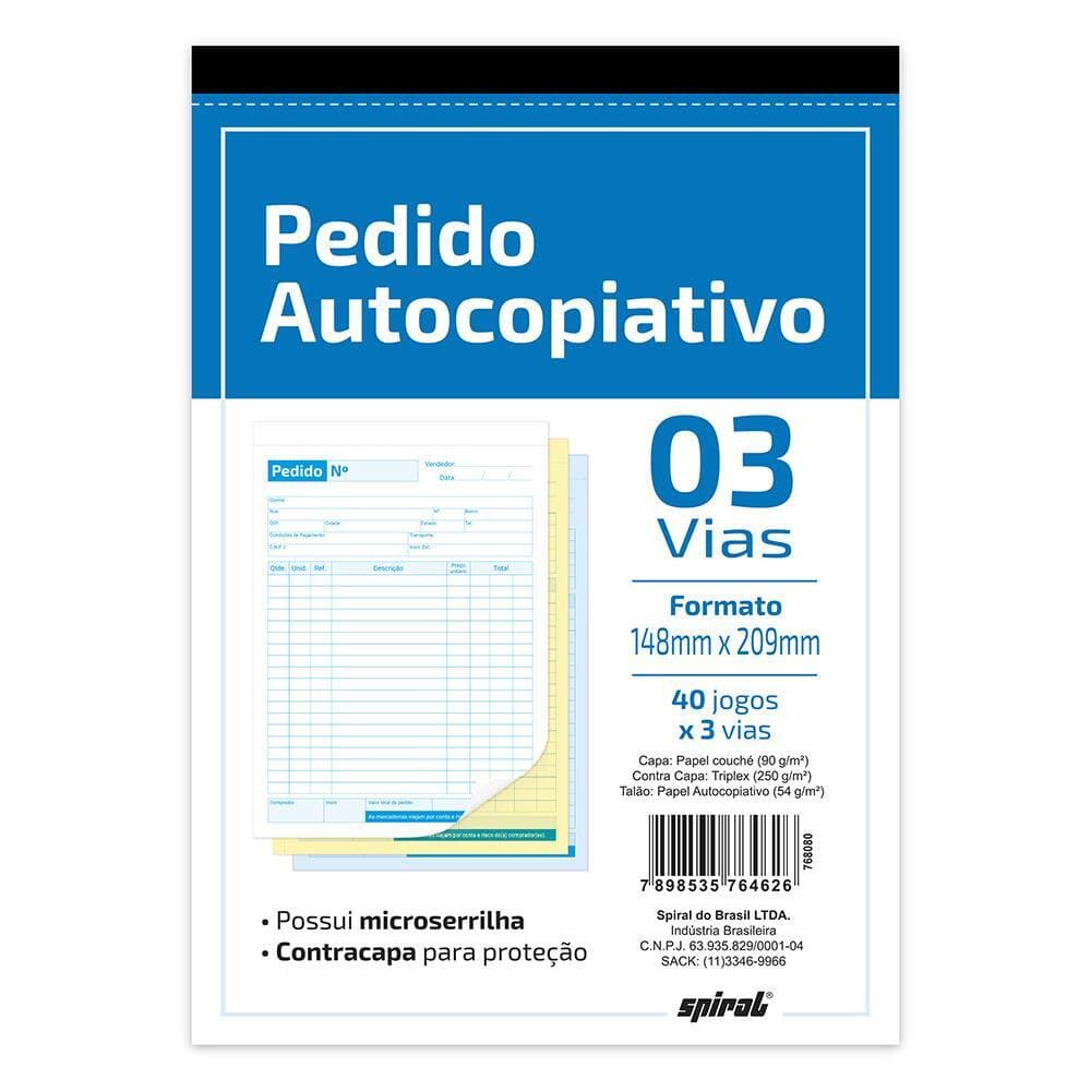 Bloco Pedido 40x3 1/4 148x209mm Autocopiativo 3 vias - UN 1 UN