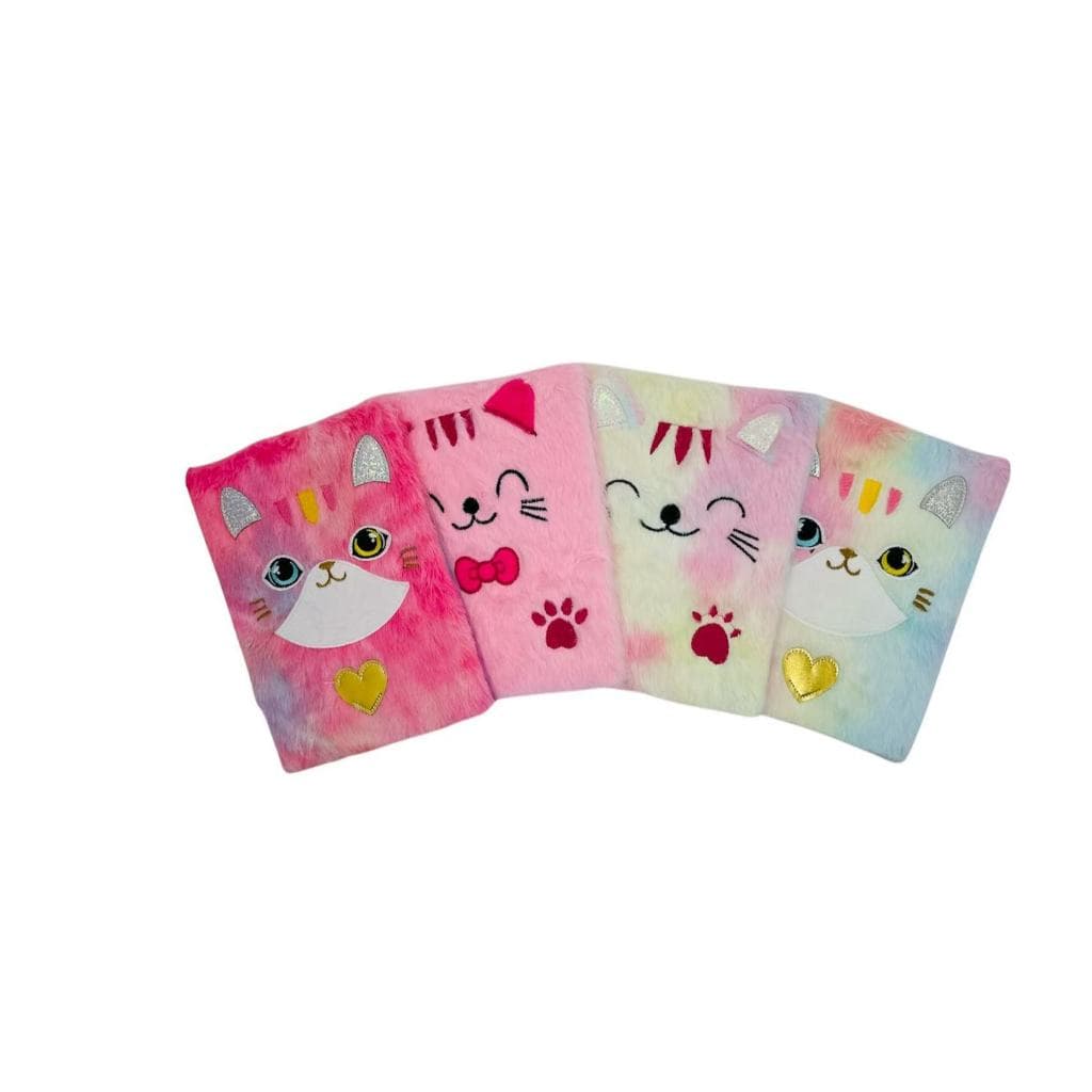 Kit Caderno de Pelúcia Gato Fofo + Caneta Esferográfica 10 Cores