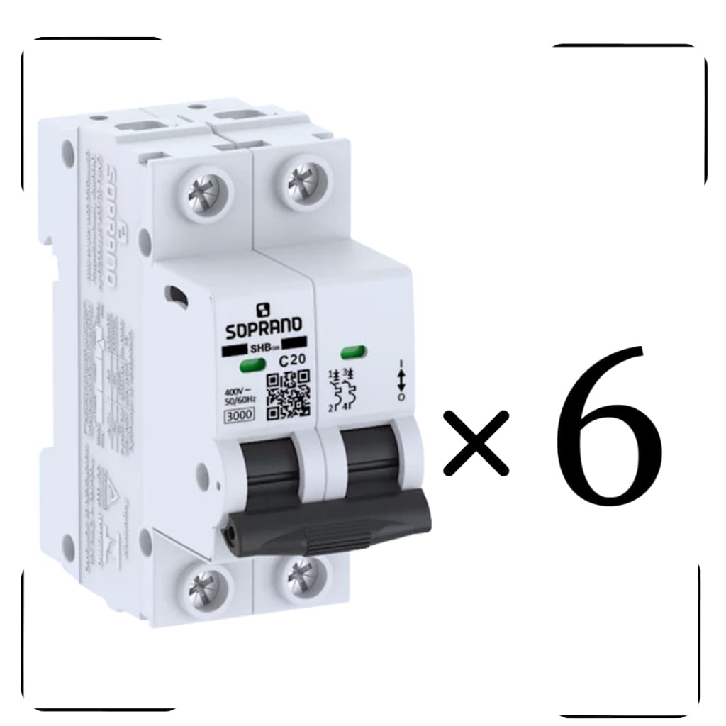 Disjuntor Din Bipolar 20A Curva C Soprano c/ 6 Peças