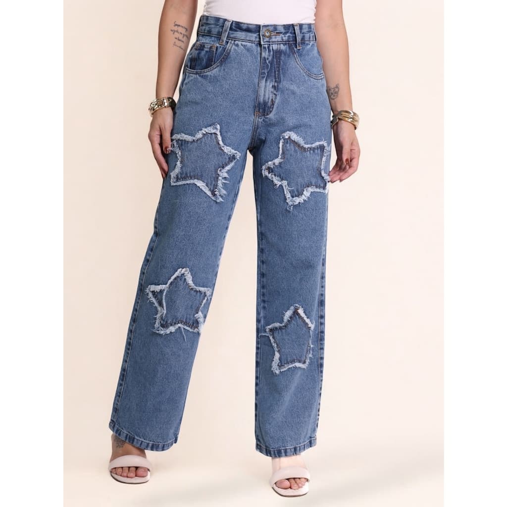 Calça jeans wide leg com formatos de estrelas feminino novo