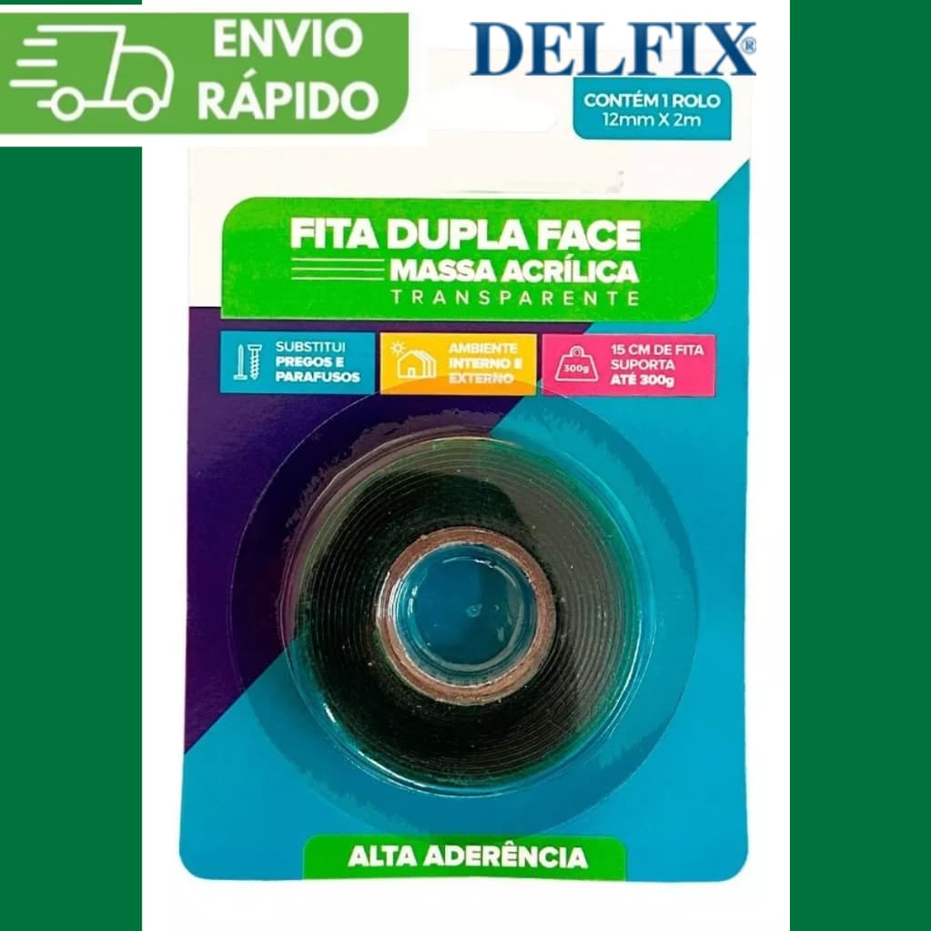 Fita Dupla Face Alta Aderência Massa Acrílica Delfix Transparente Original Fixa Quadros e Espelhos