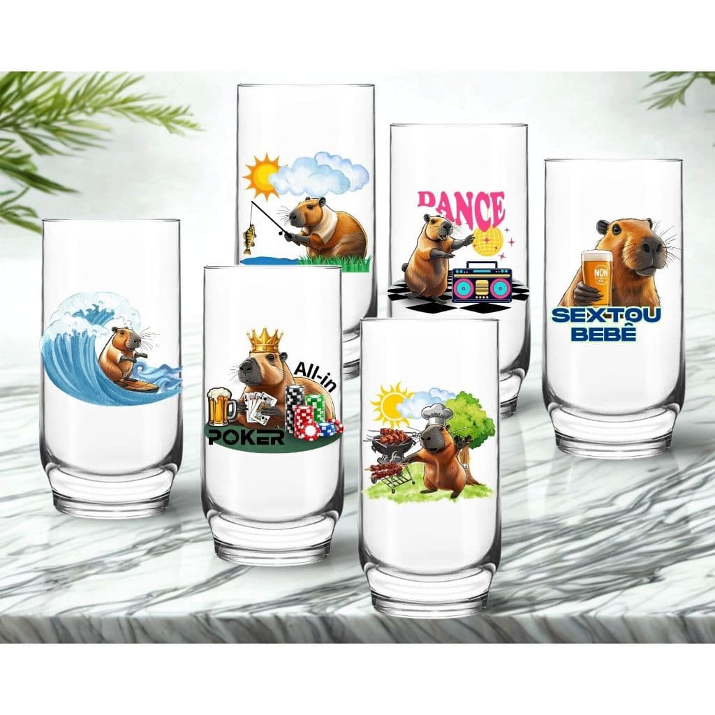 Conj. 6 Copos Vidro Animação Tema Capivara Engraçada 300ml Estampa Aniversário Animais Colecionável