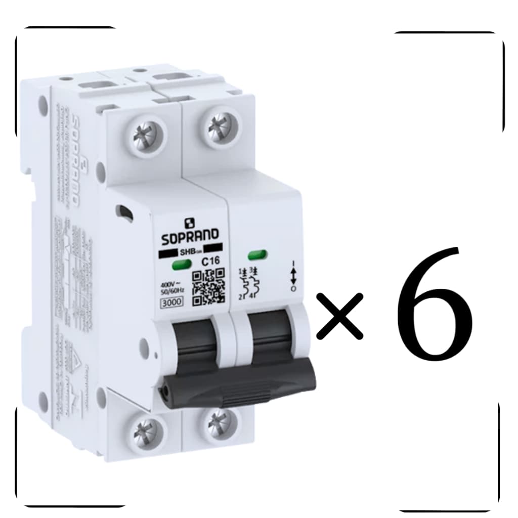 Disjuntor Din Bipolar 16A Curva C Soprano c/ 6 Peças