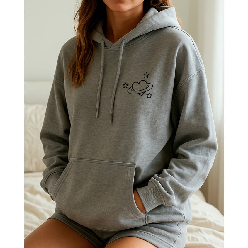 Moletom Feminino Blusa de Frio Casaco Estampado Planeta Estrelas Coração Moletom Capuz Bolso Canguru
