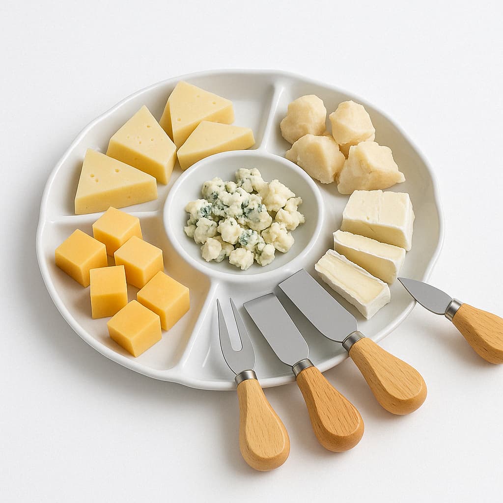 Kit Petisqueira 5 Divisórias + Utensílios P/ Queijo 4 Peças