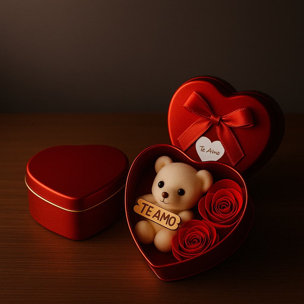 Caixa Lata Presente Rosas Artificiais Urso Pelúcia Coração Dia dos Namorados Dia das Mães Presente