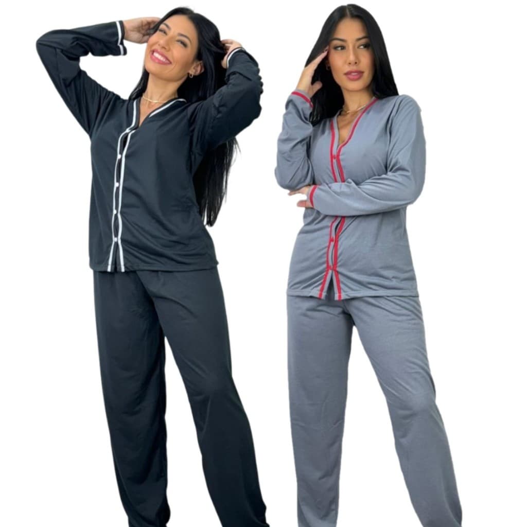 Kit 2 Pijama Manga Longa Blogueira Botão Aberto Longo