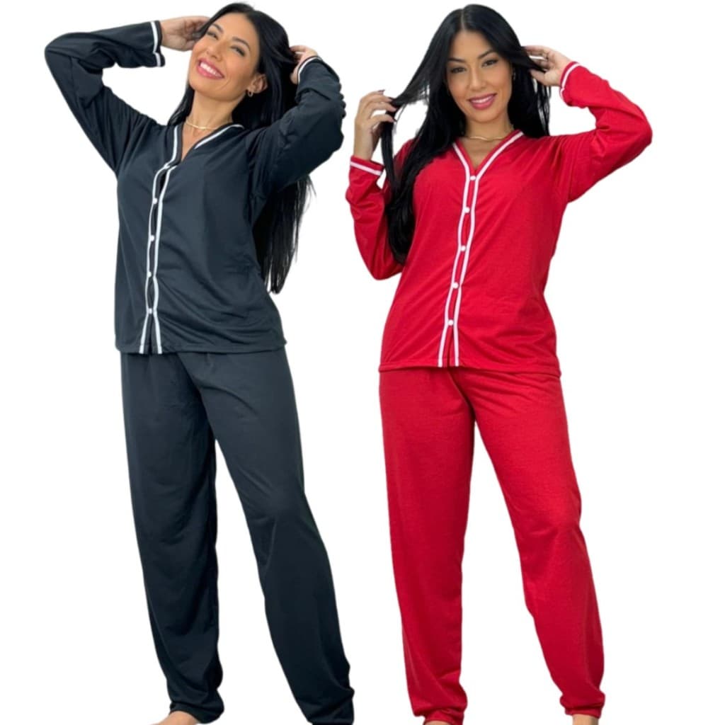 Kit 2 Pijamas Manga Longa Blogueira Botão Aberto Longo