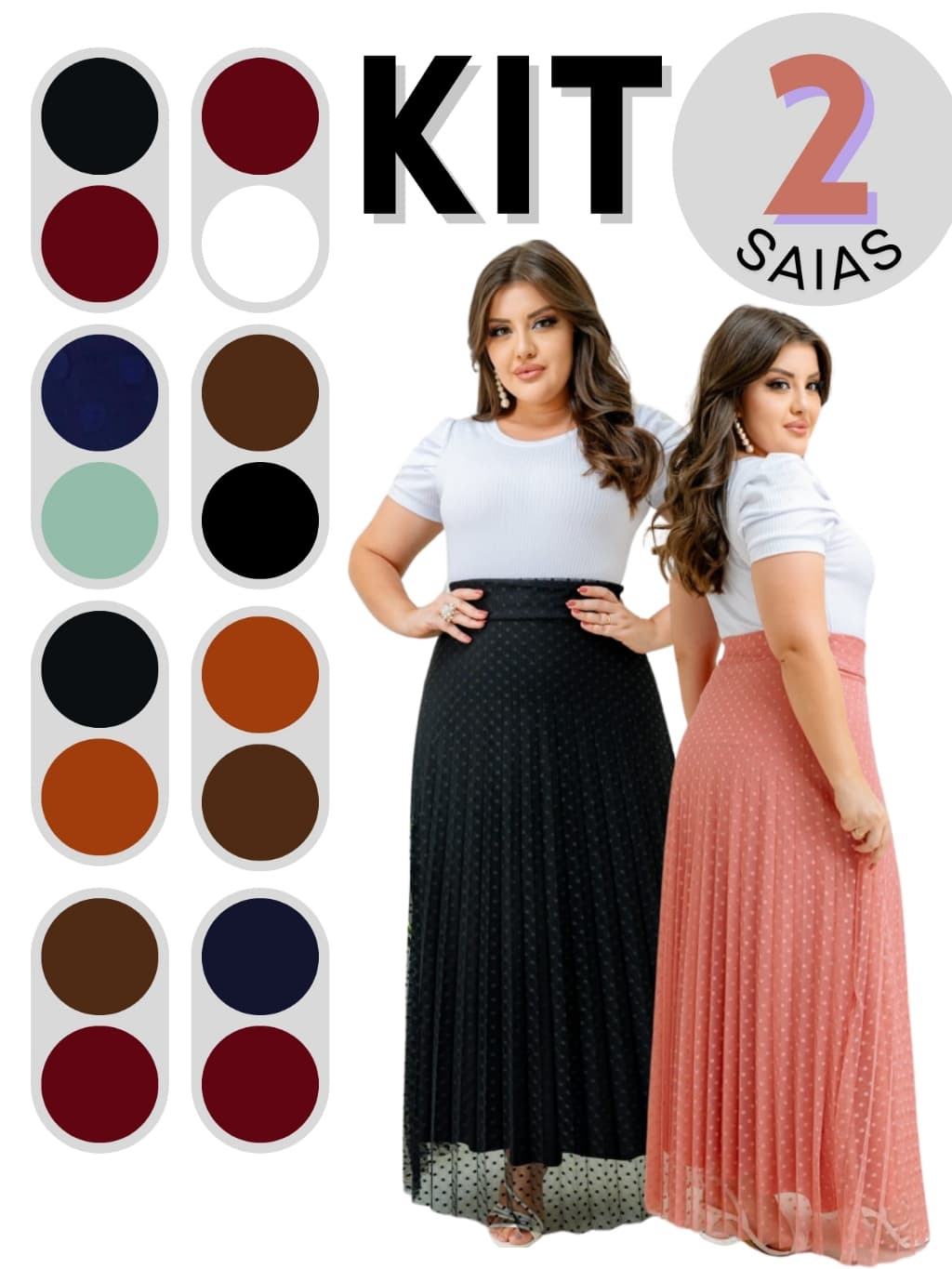 Kit 2 Saia Longa Plissada Tule Poá Forro Helanca Light Moda Evangélica