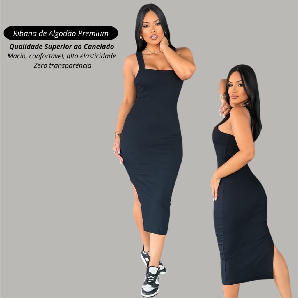 Vestido Feminino Longo com fenda lateral Ribana algodão elastica confortavel basico casual diario tubinho justo colado