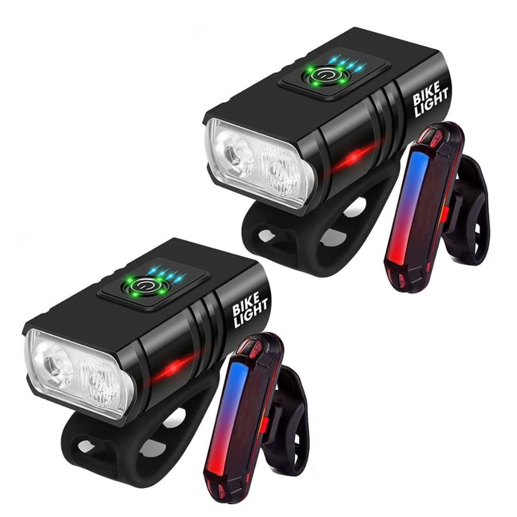 2 Lanterna Com Visor Farol Bike 2 Led Bicicleta Usb Recarregável + Sinalizador Azul e Vermelho