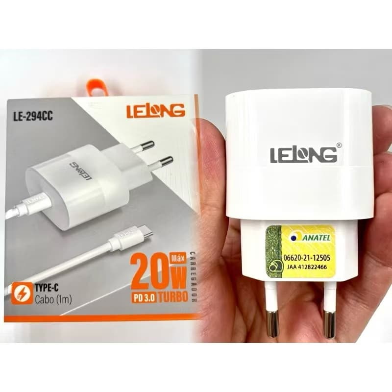 Carregador LELONG LE -294 Fonte com Cabo Carregamento Rápido 1M PD 20w Entrega rápida Com Anatel
