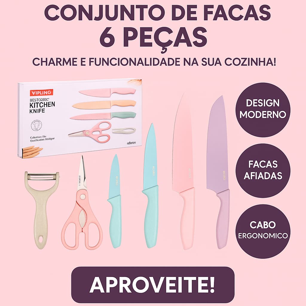 Kit de Facas Coloridas 6 Peças – Conjunto Premium para Cozinha com Tesoura e Descascador