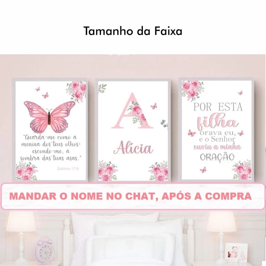 Quadros Infantil Menina Sonhe Alto Floral Borboletas com Nome Personalizado 3 Peças 20x30
