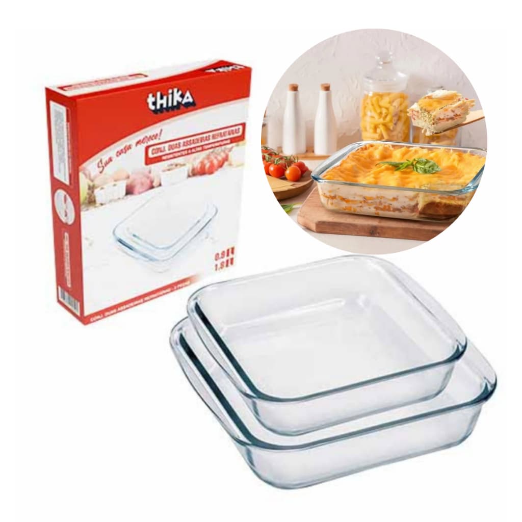 Kit 2 Assadeiras 1,8 e 0,9L Vidro Refratário Retangular Forno e Micro-ondas