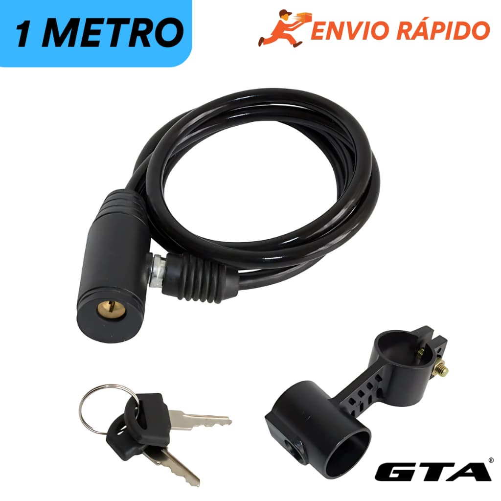 Cadeado Bicicleta Aço 6mm X 1000mm GTA Preto Com Suporte Para Bike Moto Portão C/ 2 Chaves