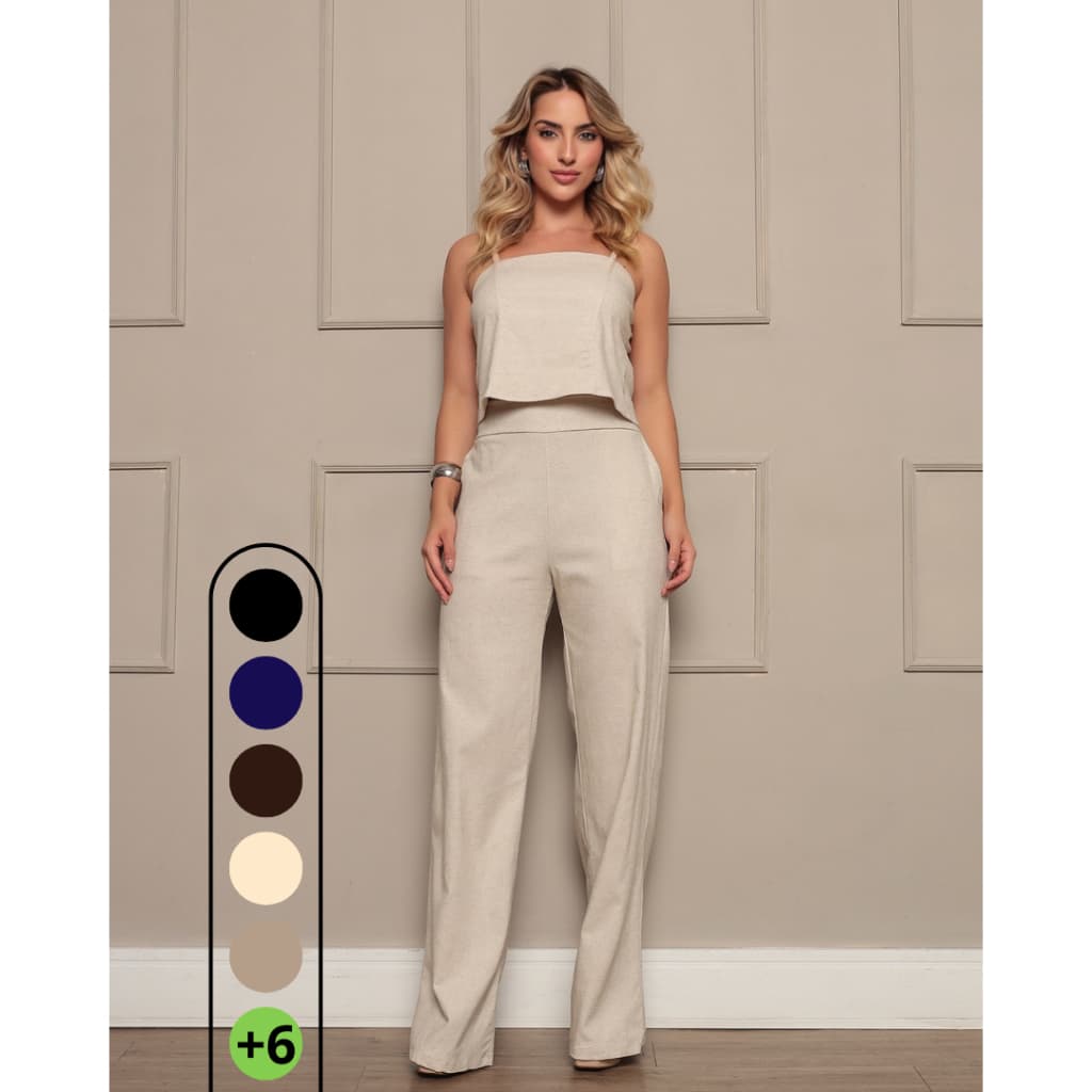 Conjunto Linho Feminino Calça Pantalona E Blusa Regata
