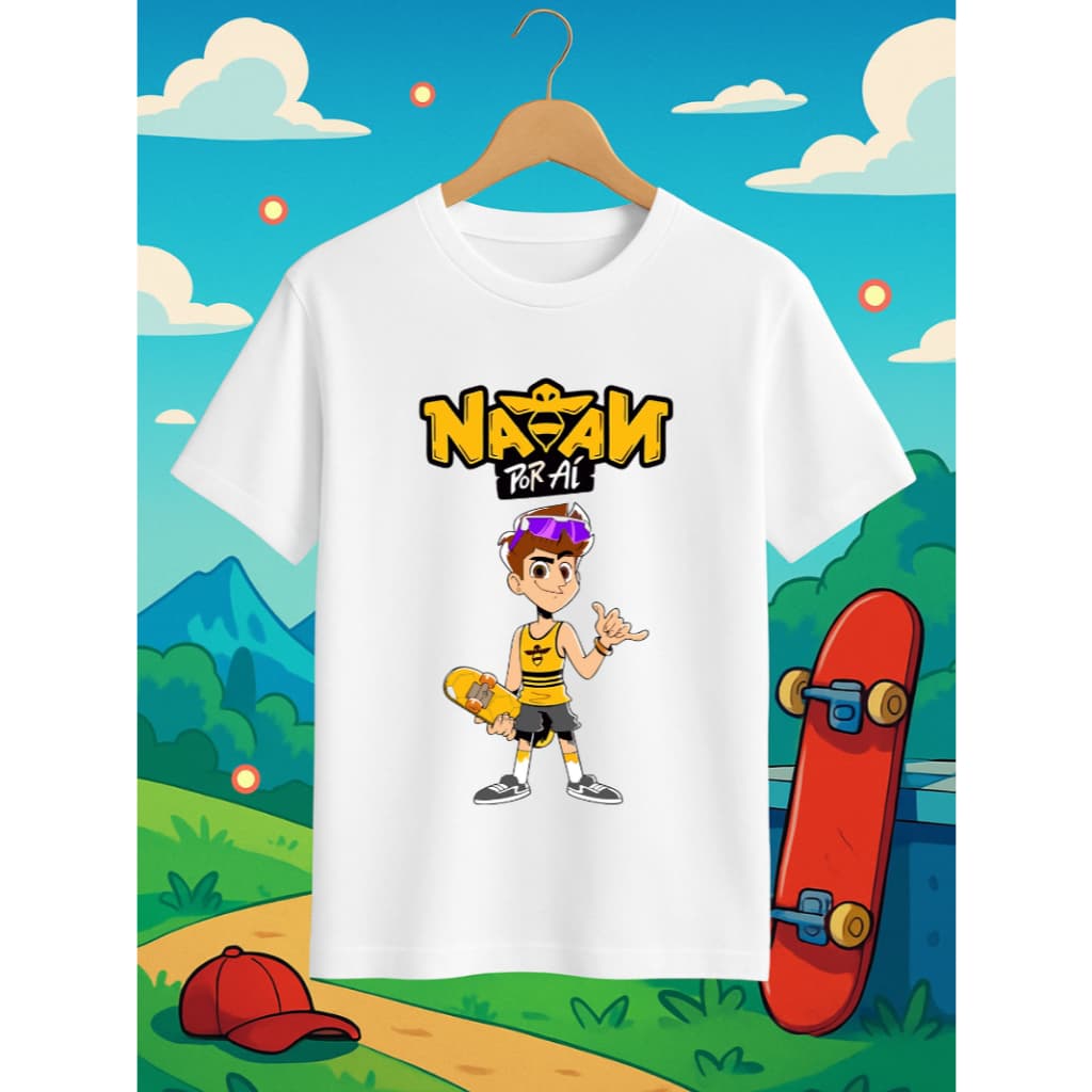 Camiseta Natan Por Ai Skate Adulto e Infantil Desenho Criança Camisa Casual Algodão Masculina Feminina Unissex