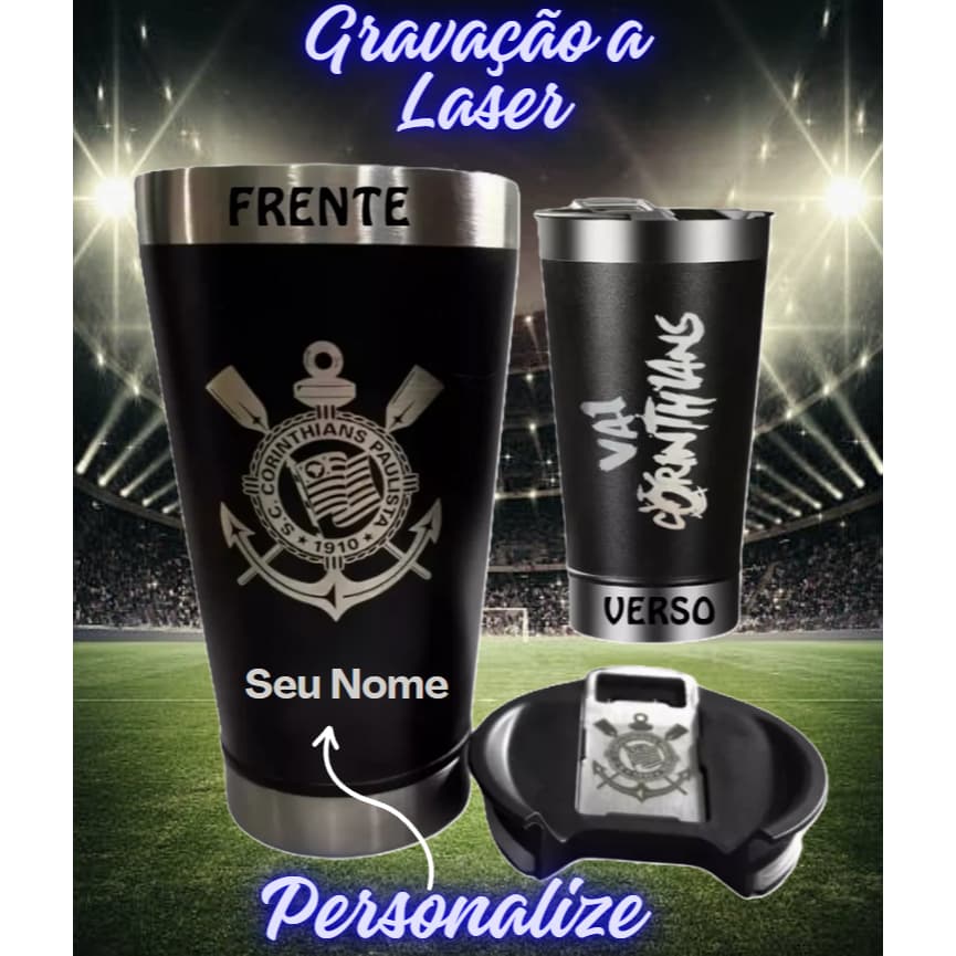 Copo Corinthians Inox Térmico Personalizado Com Seu Nome Tampa E Abridor