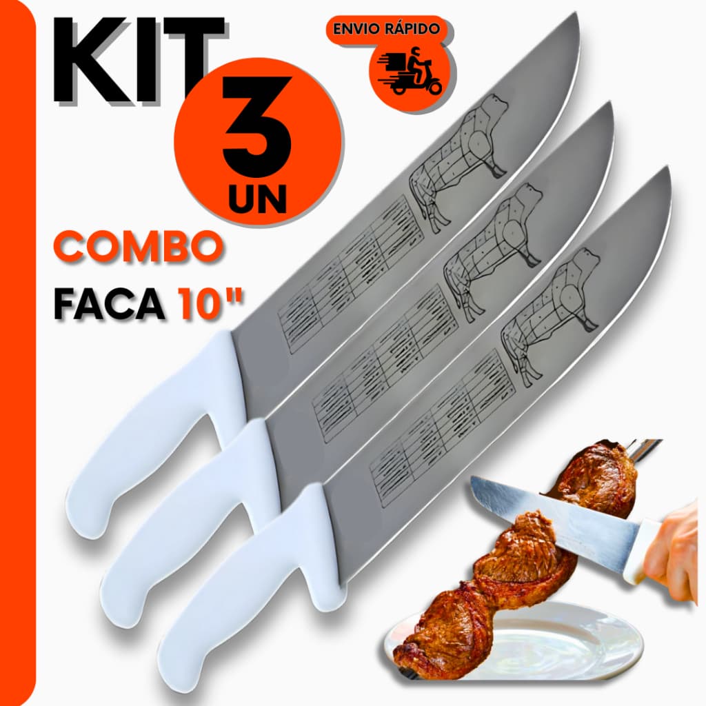 Combo Faca Cabo Branco 10" Em Aço Inox Profissional Do Açougueiro e Churrasqueiro Para Açougue e Cozinha