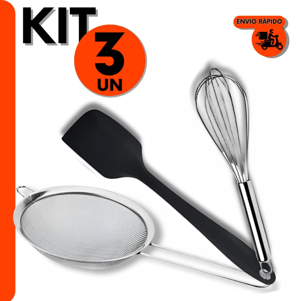 Combo Confeiteiro 3 Pçs – Peneira Inox 20cm + Fuê + Espátula de Silicone Para Profissional na Cozinha