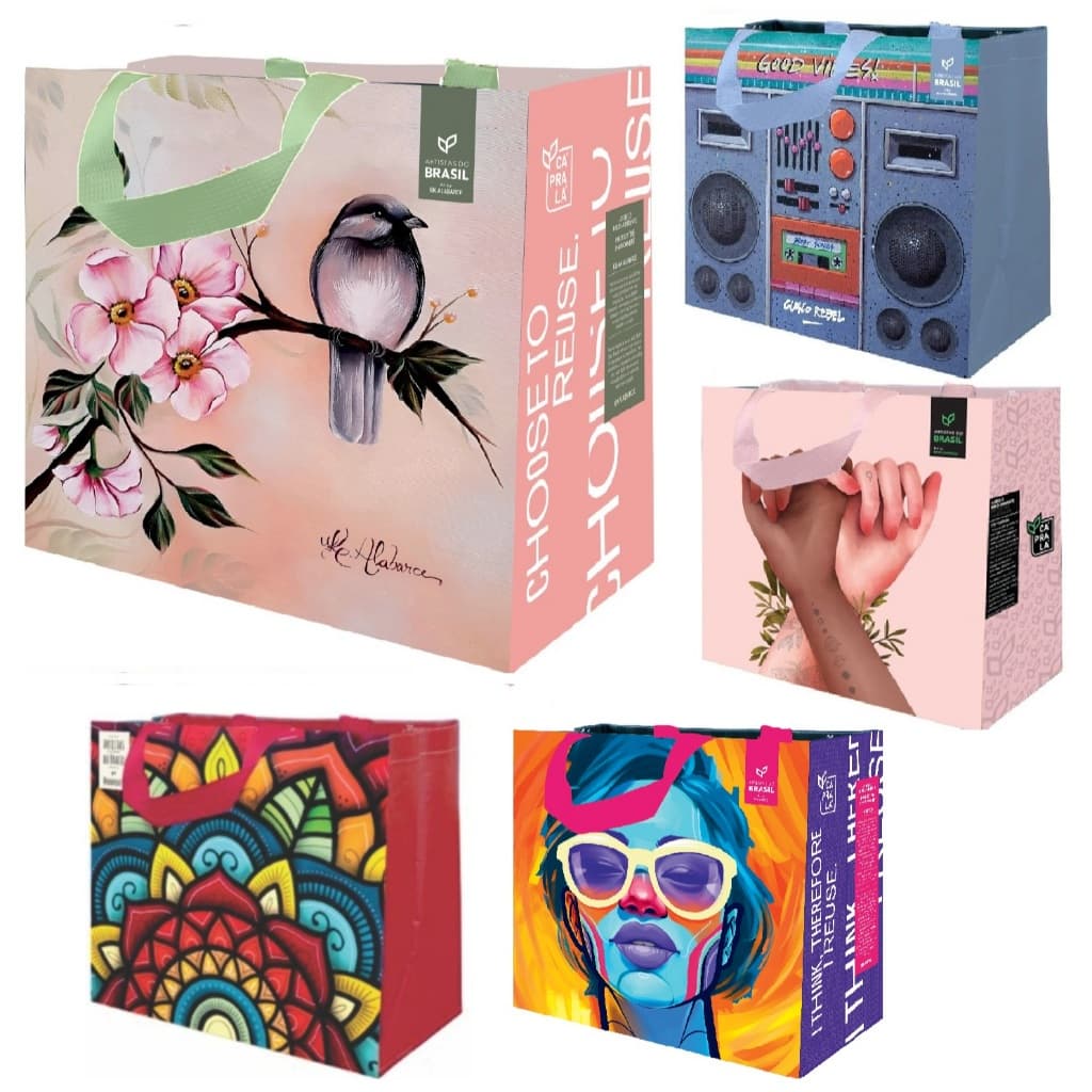 Sacola Retornável De Ráfia Ecobag MÉDIA Artistas do Brasil - CáPraLá par