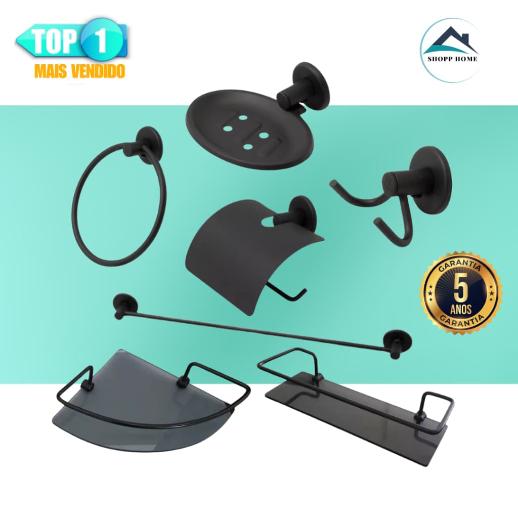 kit para banheiro  lavabo preto fume completo com prateleiras de vidro