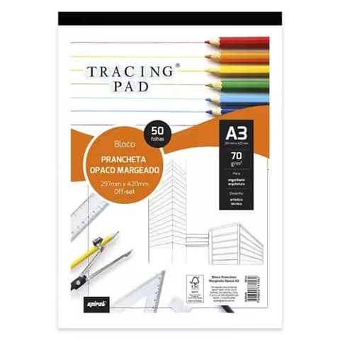 Bloco prancheta opaco c/margem A3 70g 50fls Tracing Pad 81562 Spiral BL 50 FL