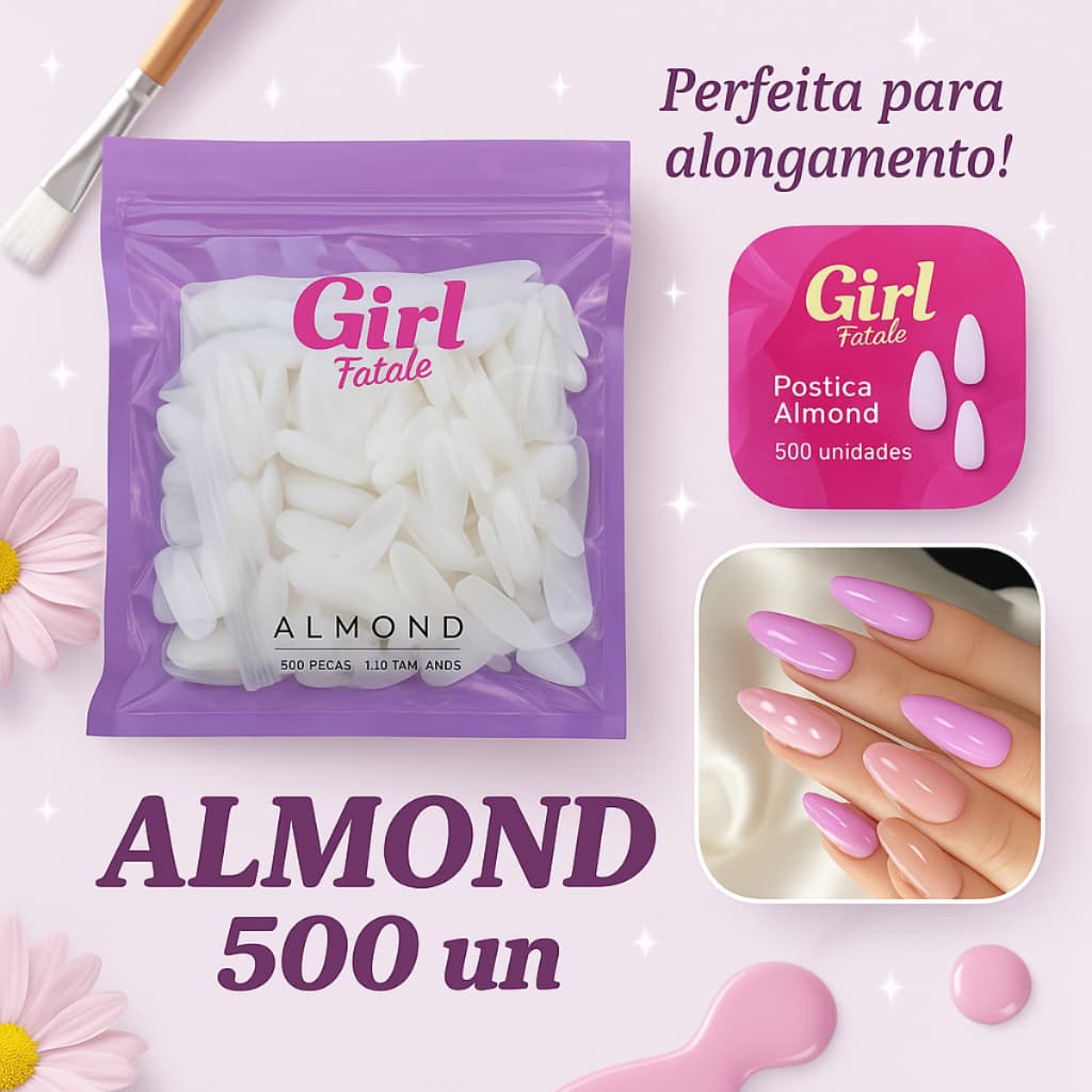 Kit 500 Unhas Postiça Almond Amendoada Realista Elegante de Luxo Alongamento Fácil D&Z G&F