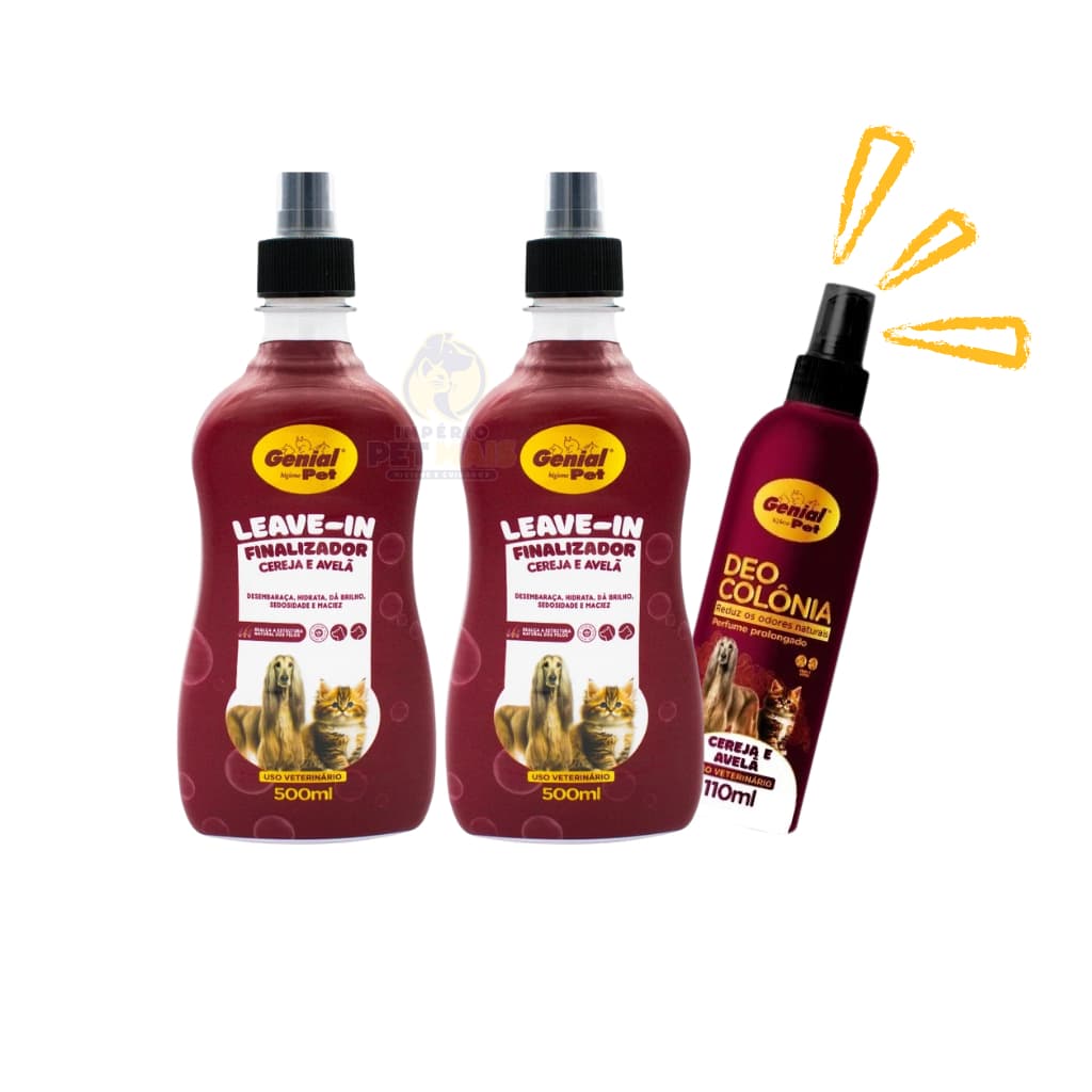 2 Leave-In Finalizador Cereja e Avelã  + 1 Colônia 110 ml para Cães e Gatos Banho e Tosa Genial Pet