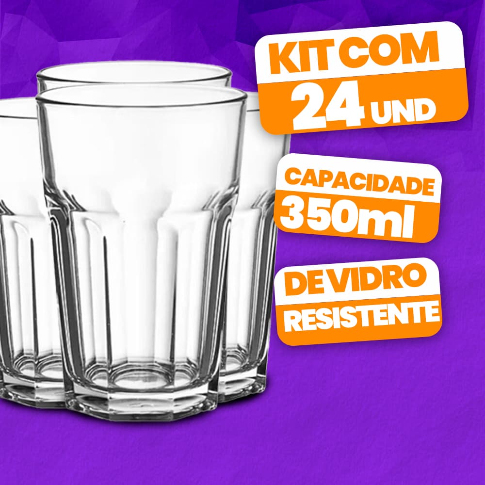 Jogo 12 Copo De Vidro 350ml Resistente Agua Suco Multiuso