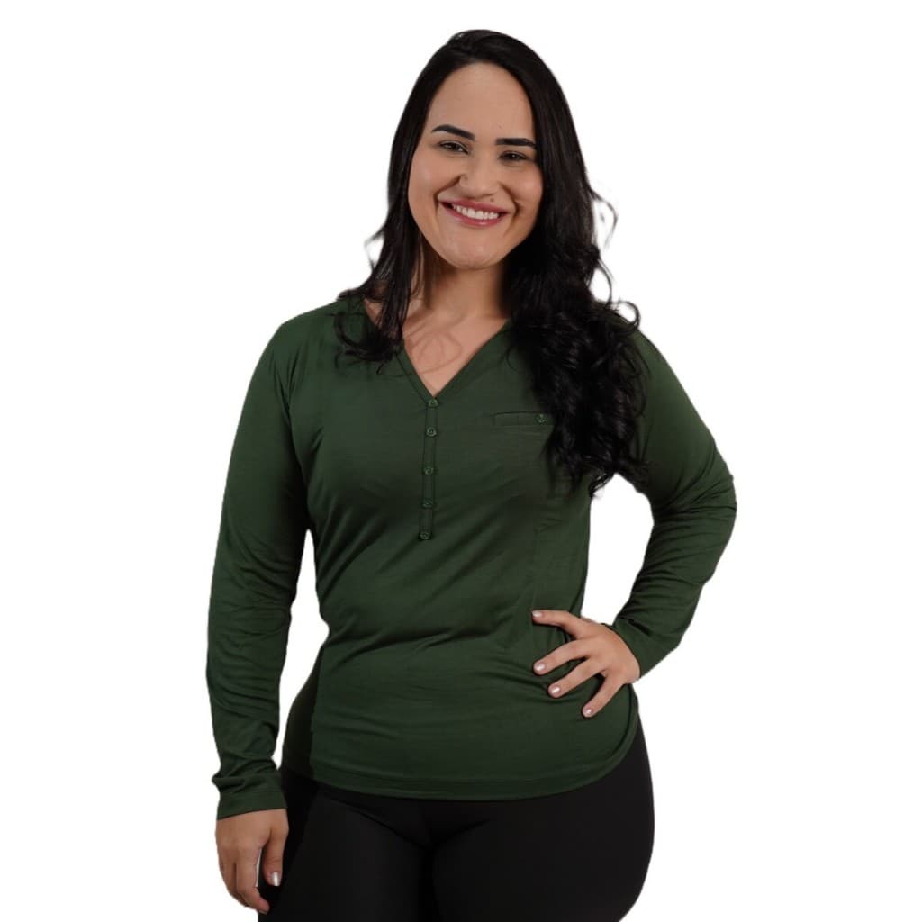 Blusa feminina manga longa moda Plus-Size roupa evangélica detalhe em botão oversized casual