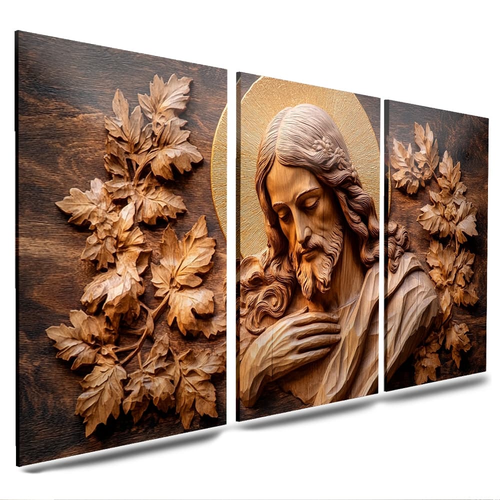 QUADRO DECORATIVO 3 PEÇAS JESUS CRISTO RELIGIOSO EFEITO MADEIRA DECORAÇÃO DE SALA E QUARTOS