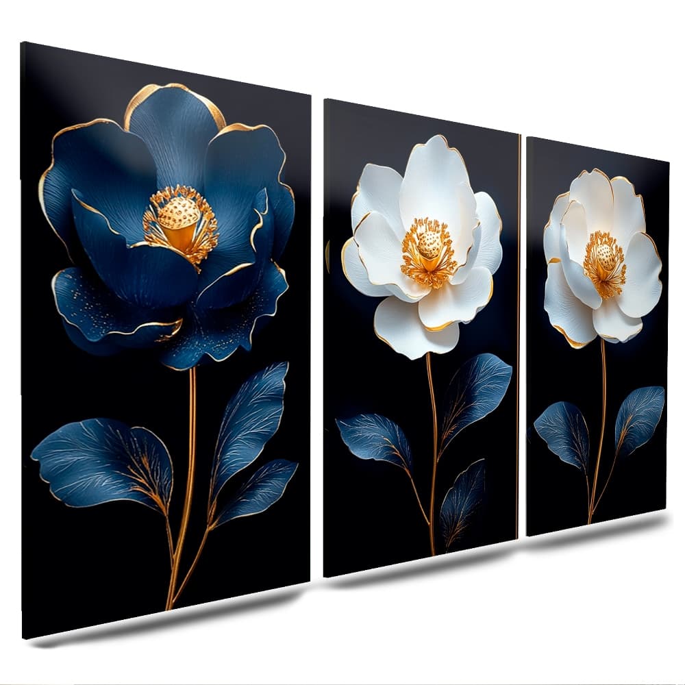 QUADRO DECORATIVO TRIO 40X60 FLORES AZUL E BRANCO Perfeito para Dar Vida à Sua Decoração