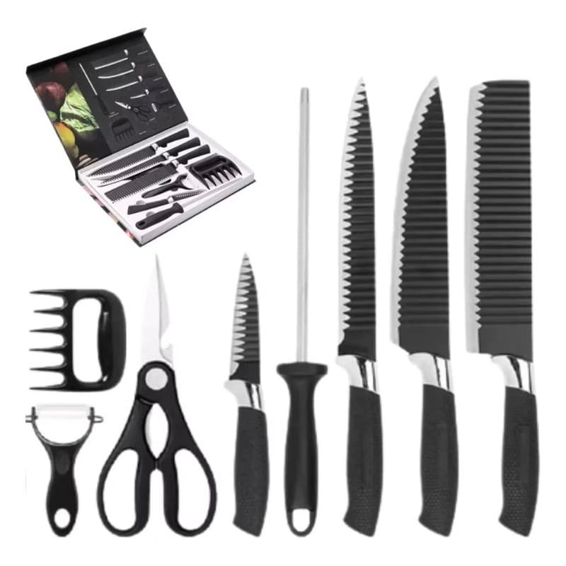 Kit Churrasco Conjunto de 08 Peças Facas Gourmet Corte Navalha Antiaderente Premium Presente Maleta