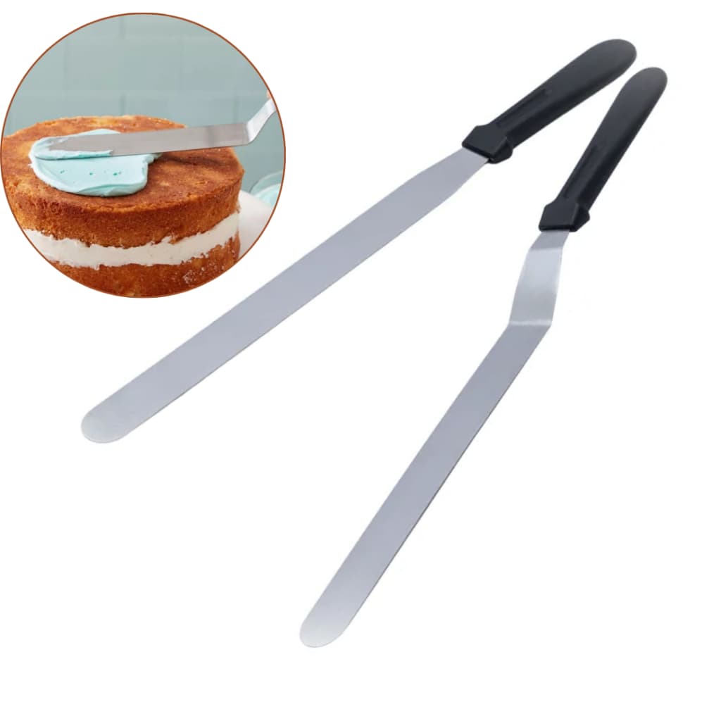 Kit Espátula Flexível Reta + Espátula Curvada P/ Alisar Bolo - Aço Inox 25cm