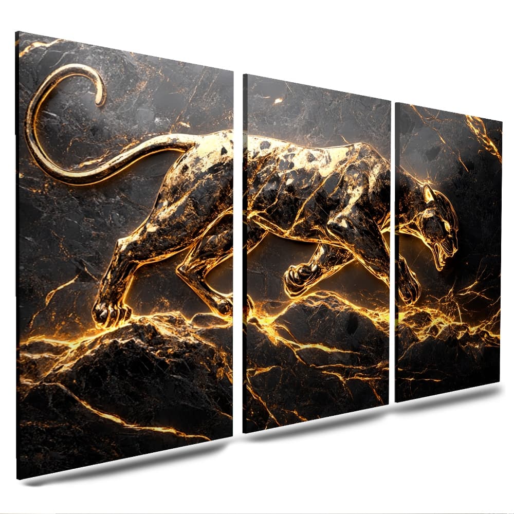 QUADRO DECORATIVO 40X60 PANTERA NEGRA CONTORNO DOURADO LUXO Ideal para Decoração de Interiores