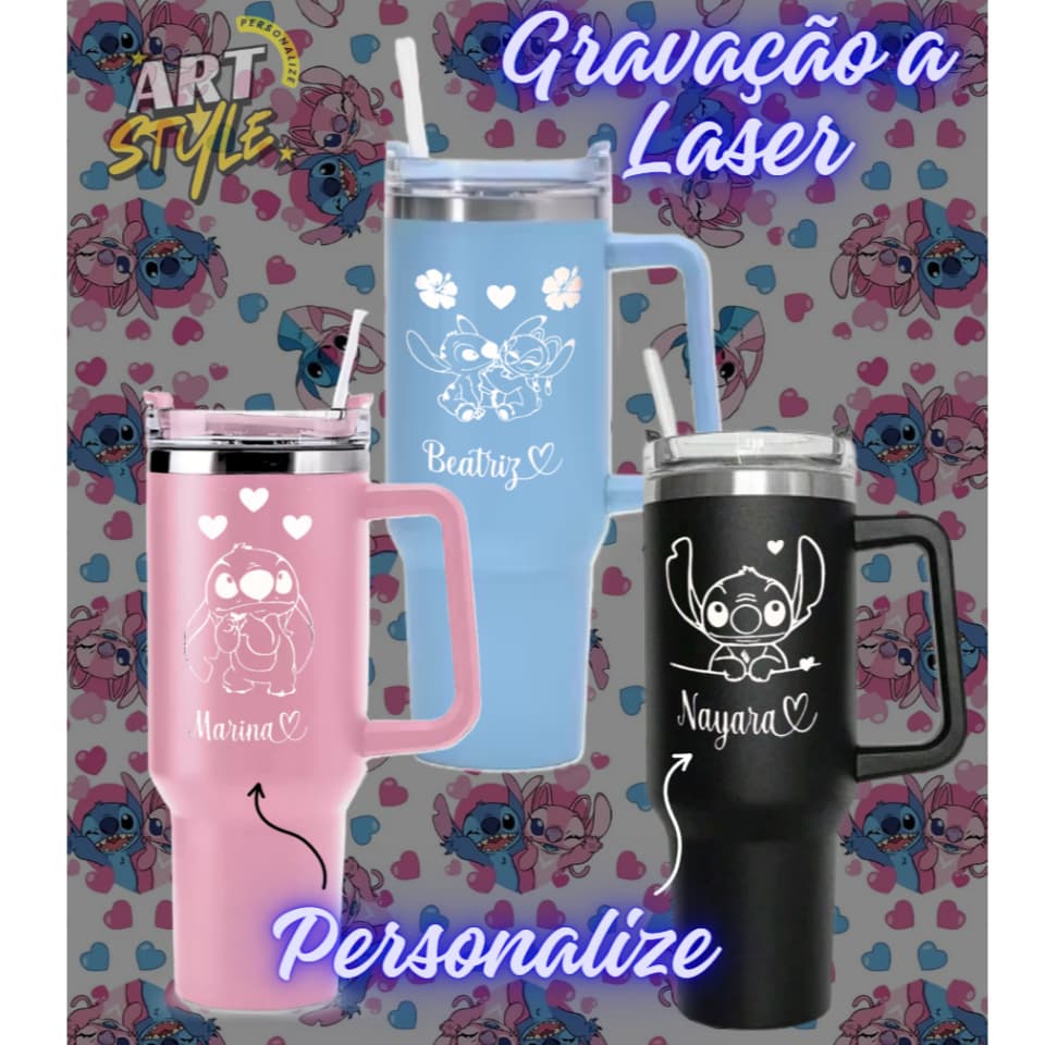 Copo termico Infantil Stich Personalizado de Blogueira com Alça, Canudo e Tampa