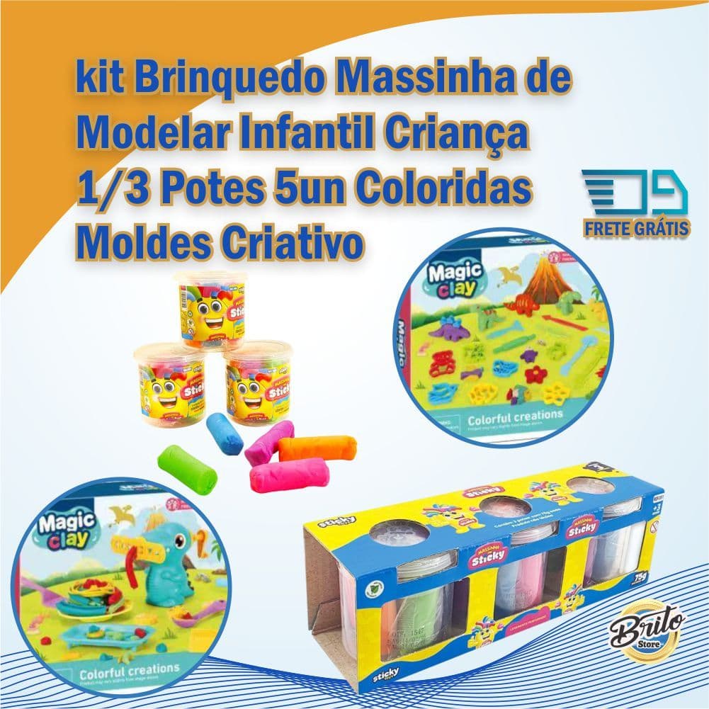 kit Brinquedo Massinha de Modelar Infantil Criança 1/3 Potes 5un Coloridas Moldes Criativo - Sortida