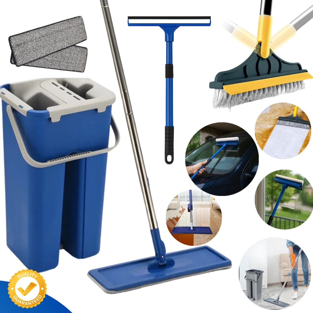 MOP Limpeza Esfregão Flat Balde Lava Seca Profissional + Vassoura Rodo 2x1 + Limpador Vidros Janela