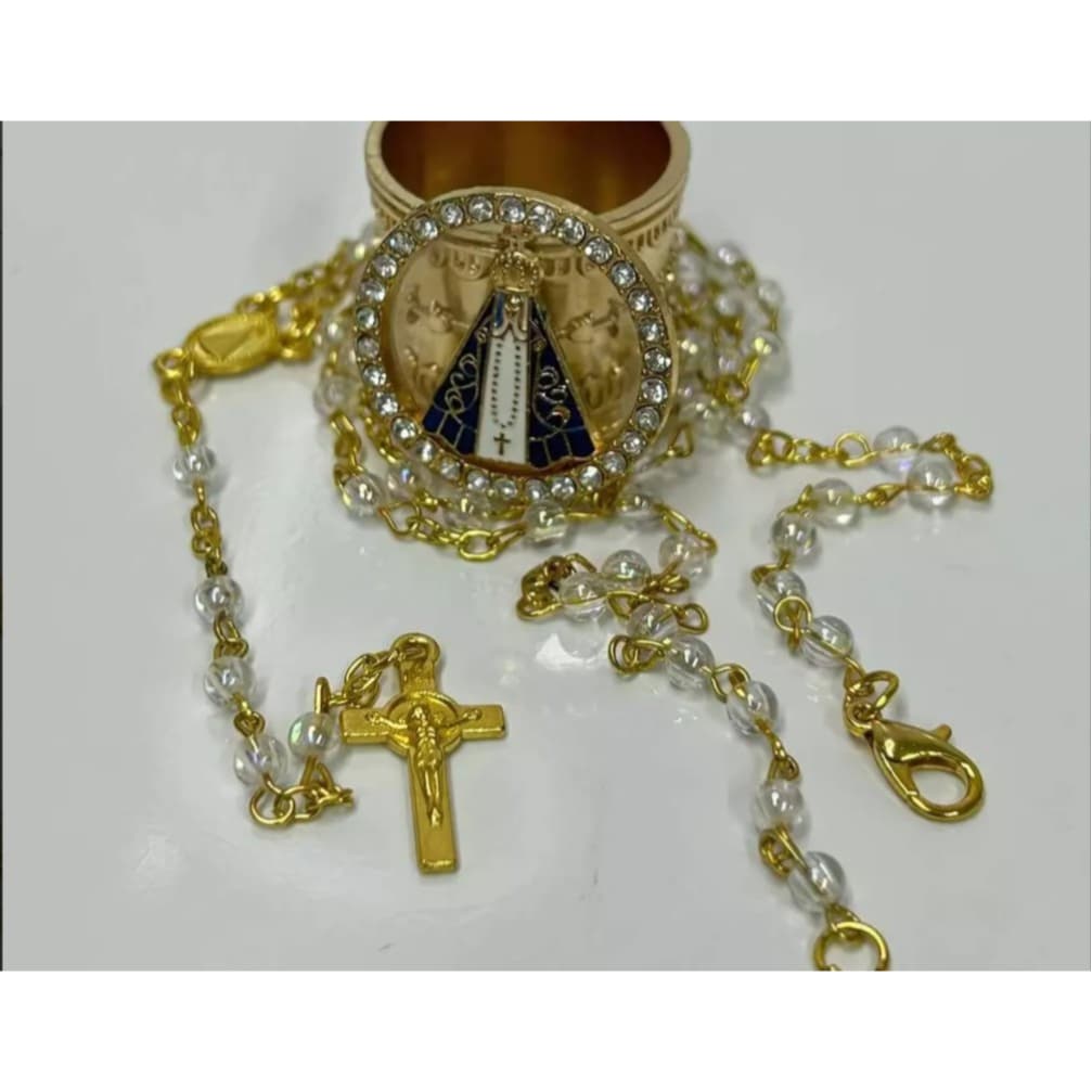 Relicário Nossa Sra. Aparecida - Terço católico fecho Dourado Pérola -Translúcida SKU-129