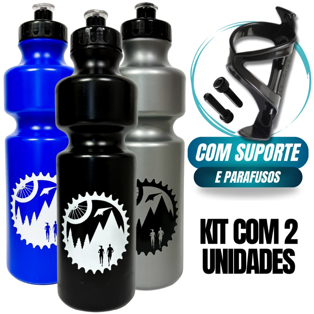 Kit 2 Garrafa Caramanhola Para Bike Bicicleta Squeeze Agua 750ml + Suporte Garrafinha + Parafusos