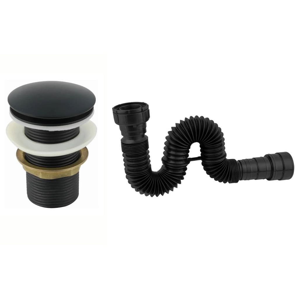 Kit Válvula Click 1.1/4 Preta Metal + Sifão ABS Preto Universal Banheiro