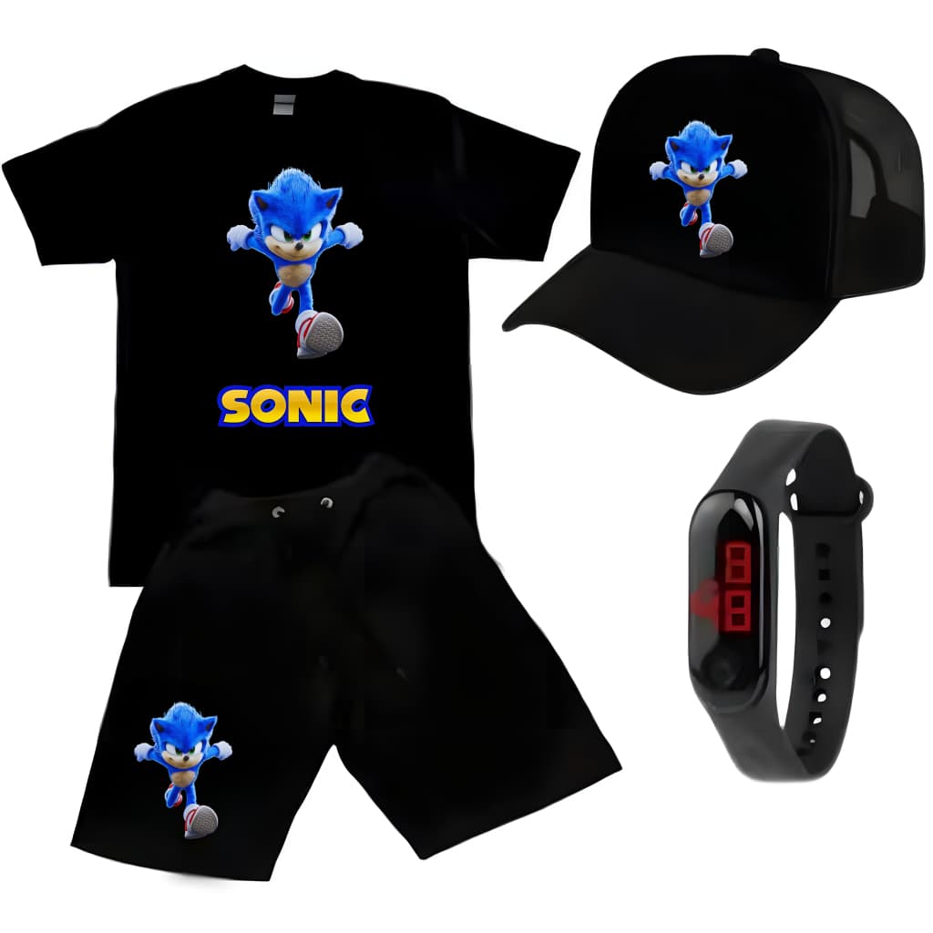 Conjunto Infantil Meninos Camiseta Short Relogio Boné Sonic Sonic