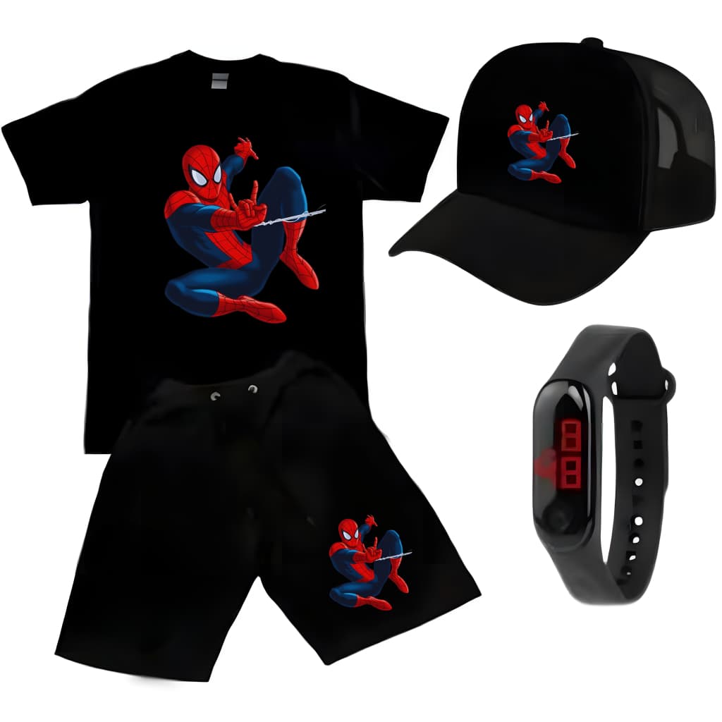 Conjunto Infantil Meninos Camiseta Short Relogio Boné Sonic Homem Aranha Carros